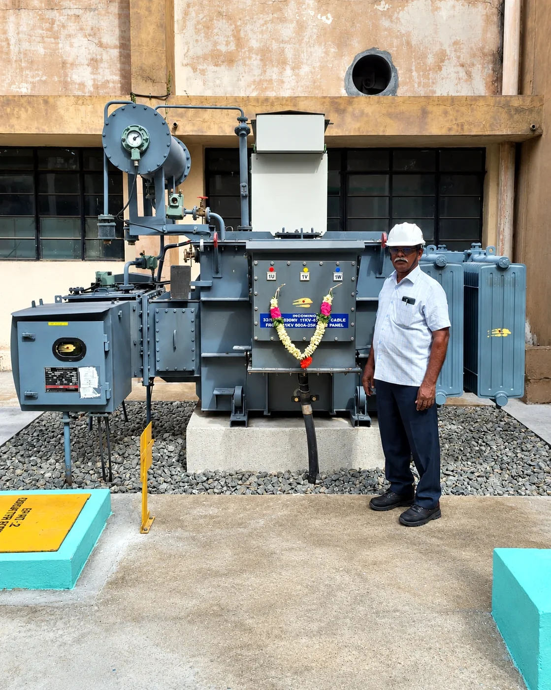 Hari Engineering team member standing beside an installed transformer